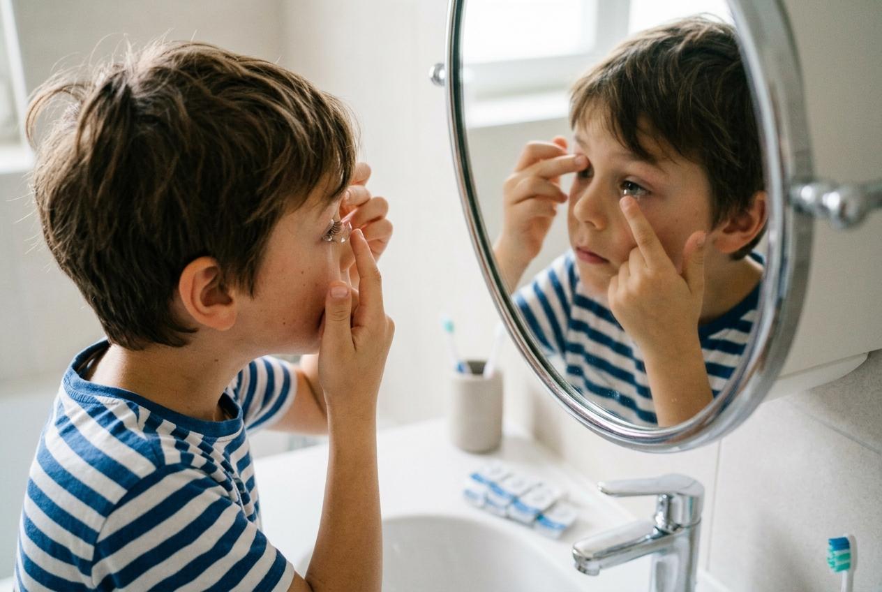 A young boy inserting a contact lens while looking into a round mirror in a bathroom.