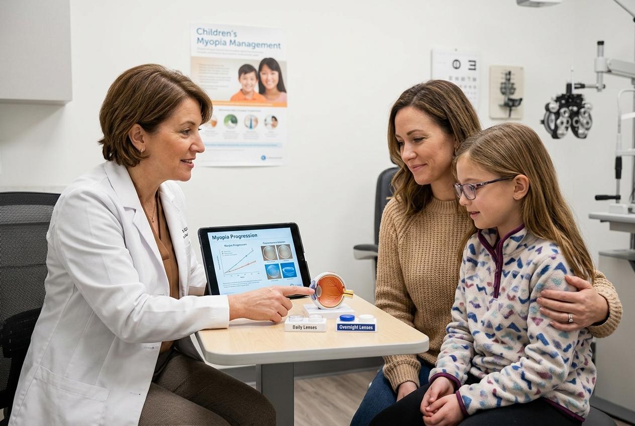 Optometrist pointing to a tablet showing a chart while talking with a woman and young girl wearing glasses in an eye exam room.