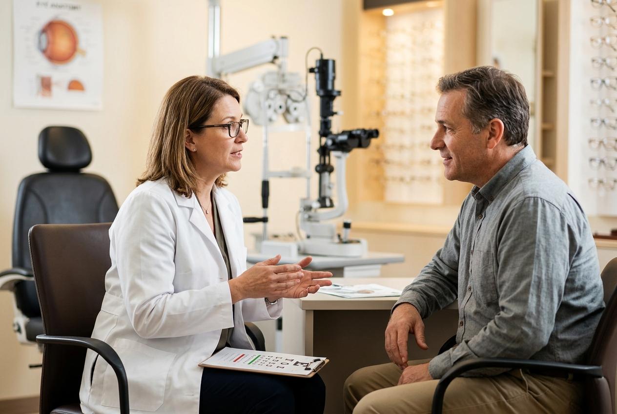 Adult having a discussion with an optometrist during an eye exam