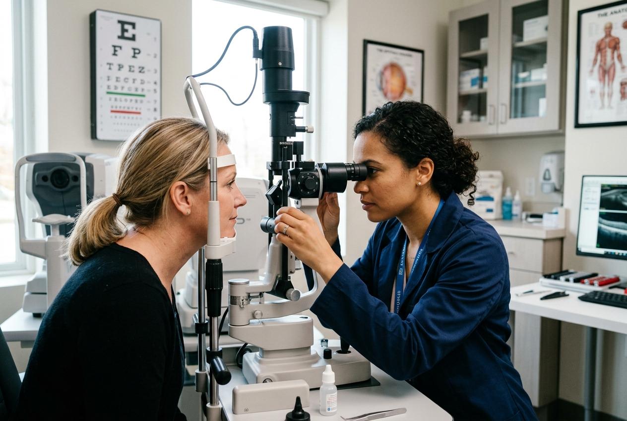 Adult receiving an eye exam from an optometrist