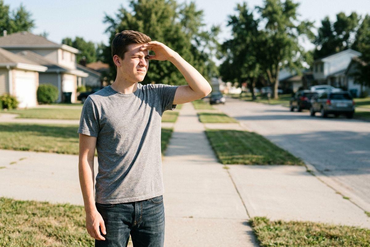 A young person in a gray shirt shielding their eyes with their hand, squinting, standing on a suburban sidewalk lined with houses and trees.