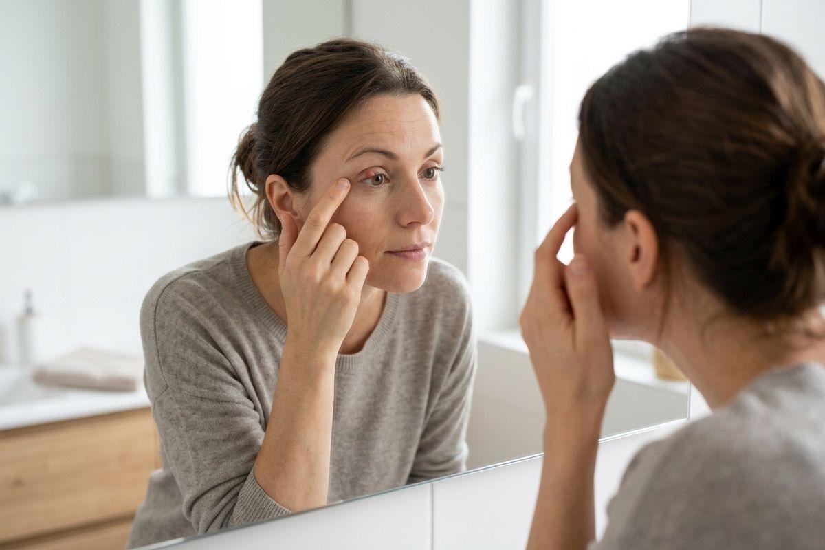 An adult examining the skin below their eye in a bathroom mirror, touching the corner of their eye with one finger, a visible stye present.