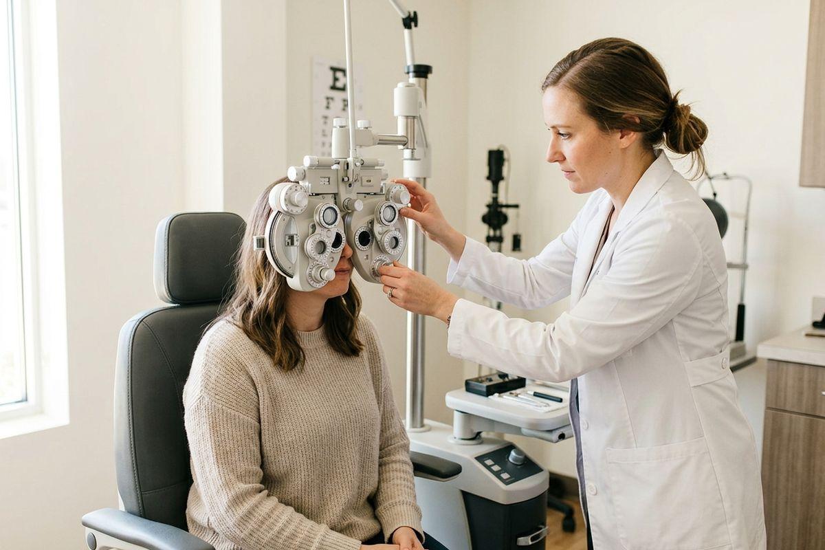 An optometrist adjusts a phoropter as a seated patient looks through it during an eye exam.