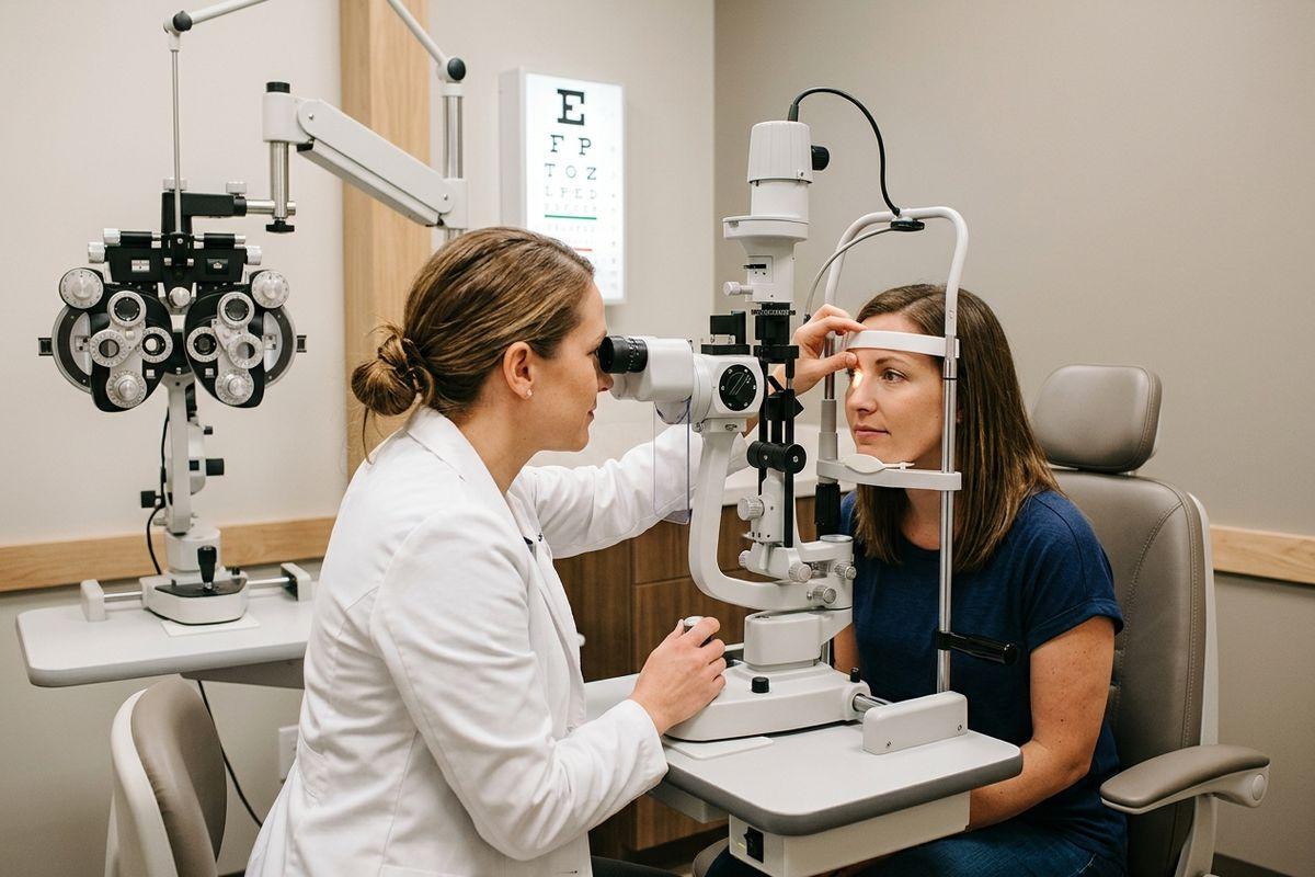 An optometrist examines a seated patient's eyes using a slit lamp in an exam room with an eye chart on the wall.