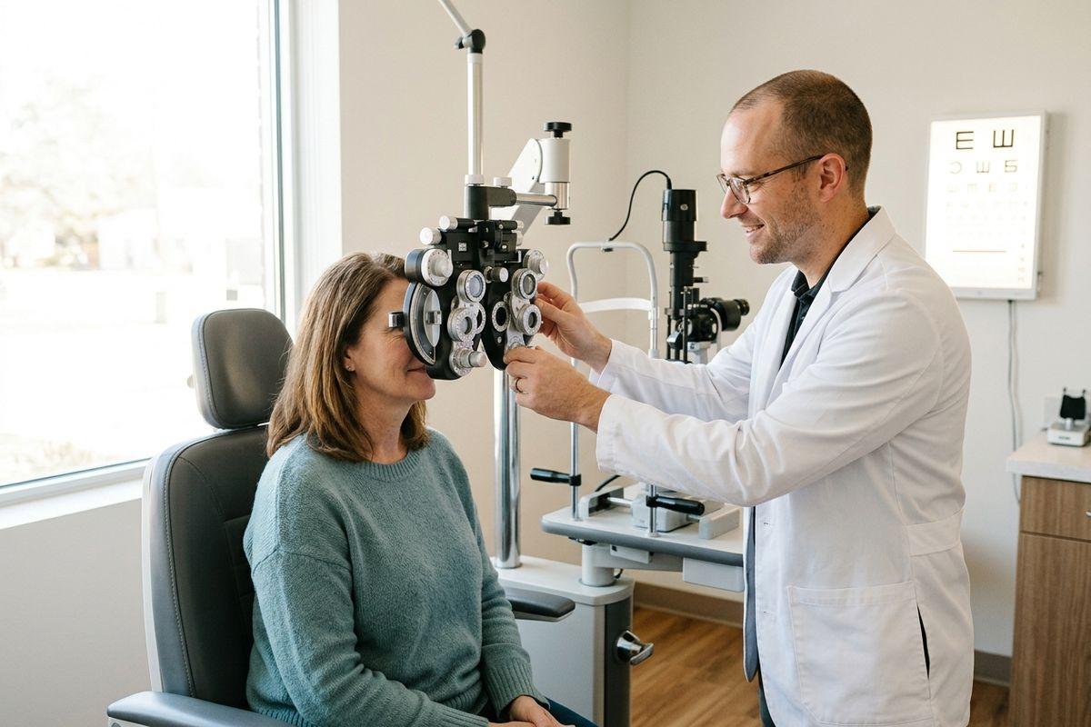 An optometrist adjusts a phoropter for a seated patient during an eye exam, with an eye chart on the wall in the background.