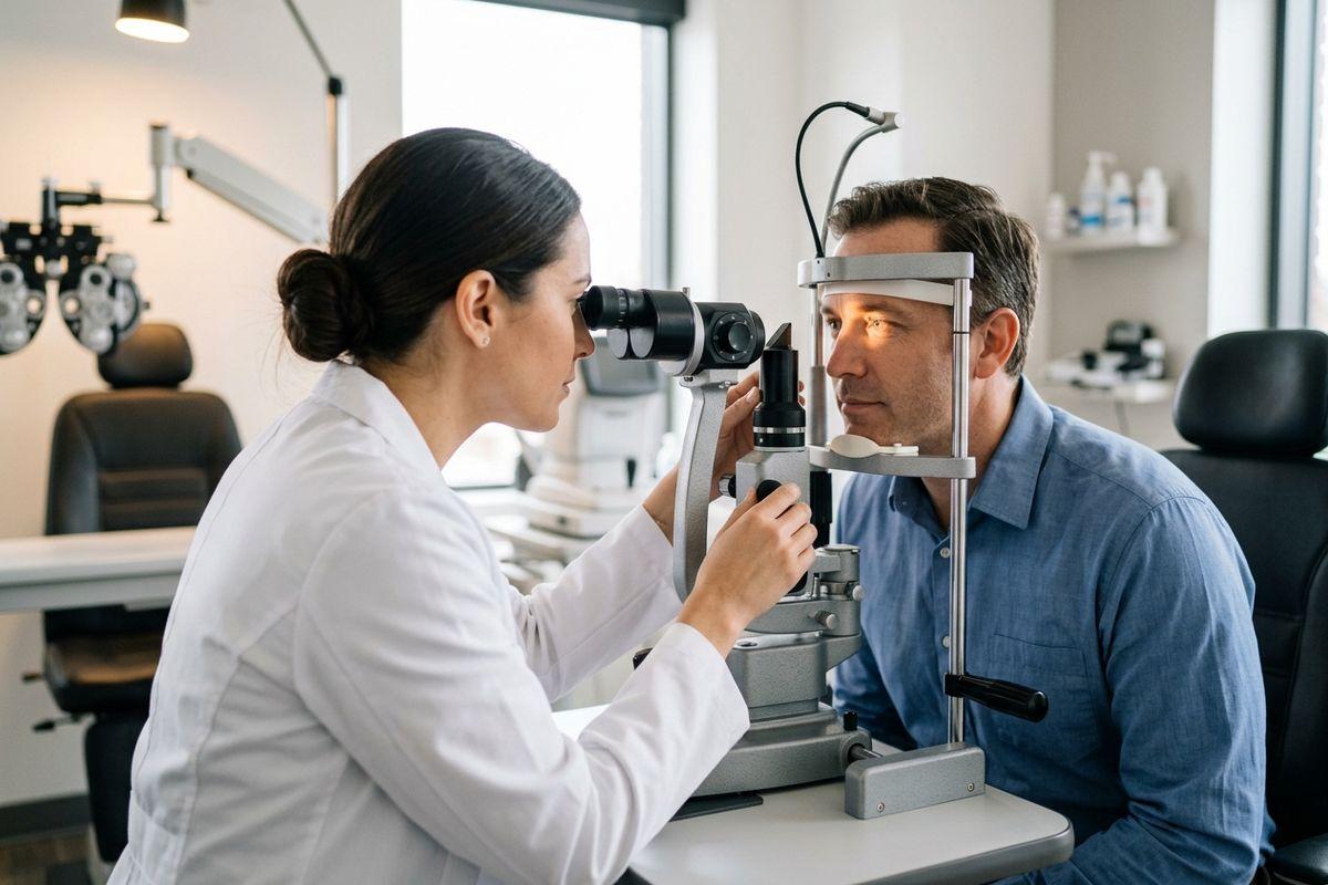 An optometrist examines a patient's eyes using a slit lamp during an eye exam.