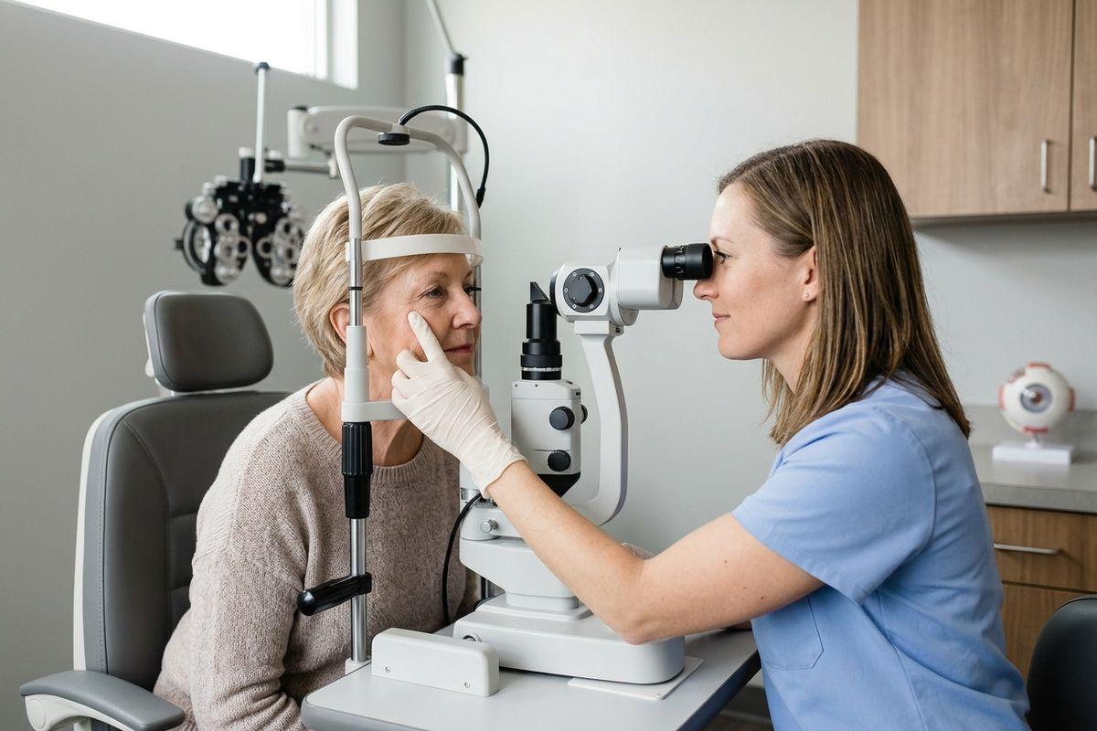 An optometrist examining an older adult's eyes using a slit lamp in an exam room, with a phoropter in the background.