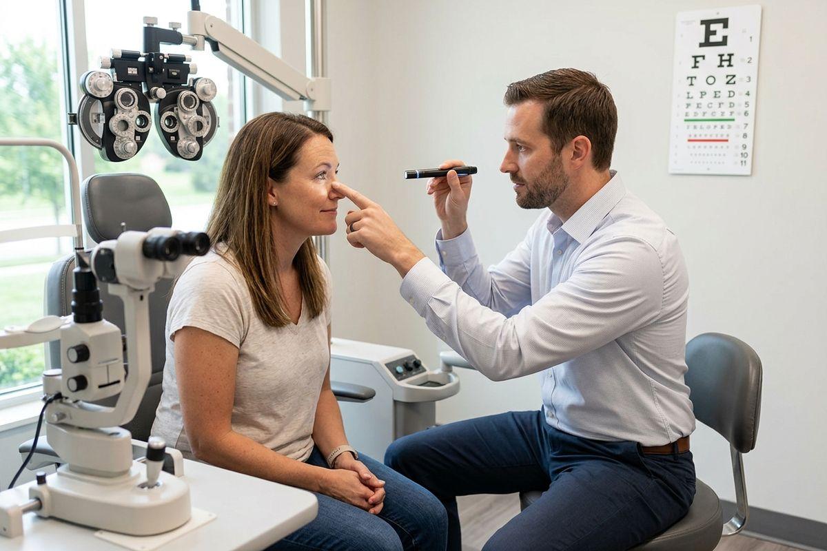 An optometrist holding a penlight examining a seated patient's eyes in an exam room with a phoropter and eye chart in the background.