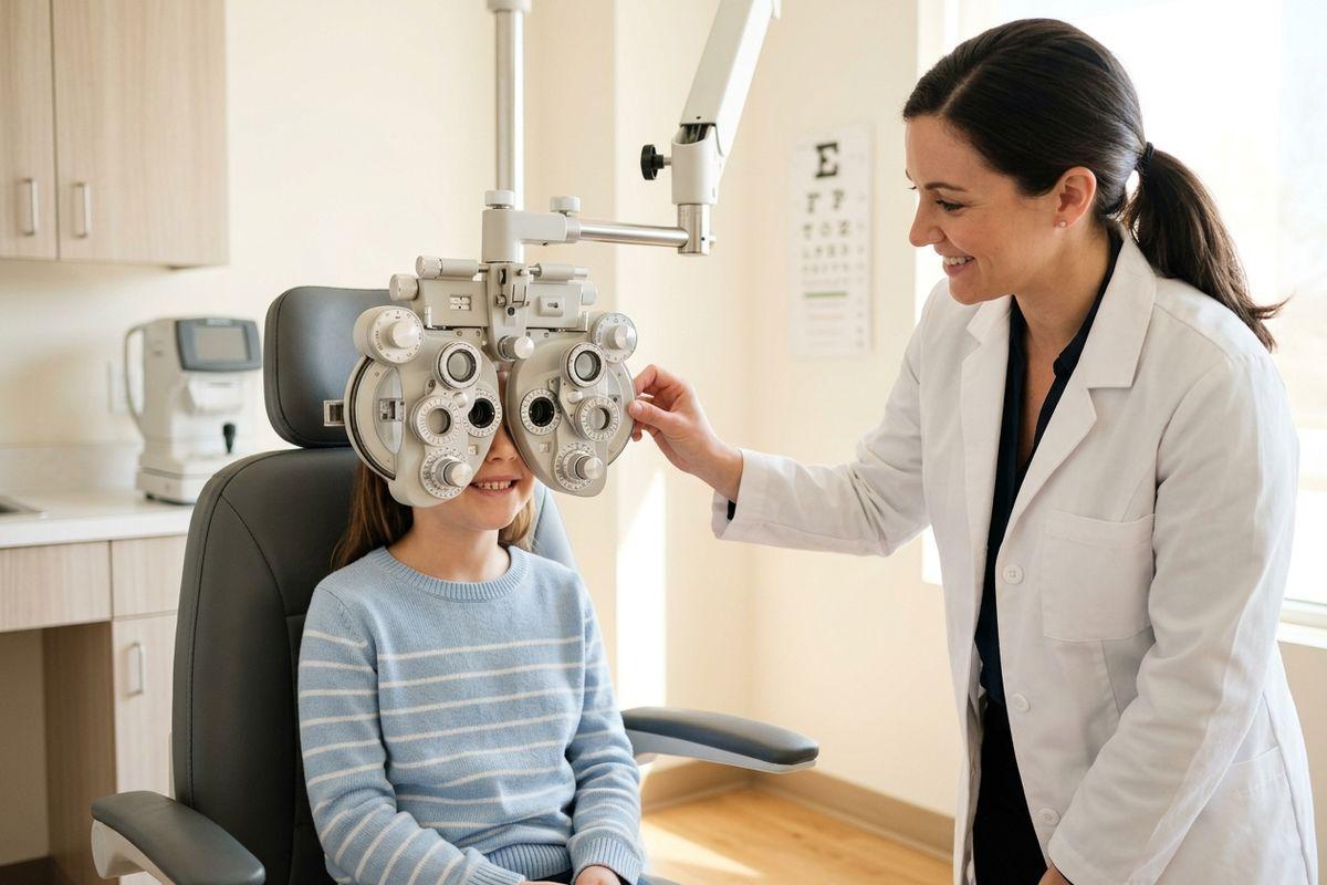 An optometrist adjusting a phoropter for a smiling child seated in an exam chair.