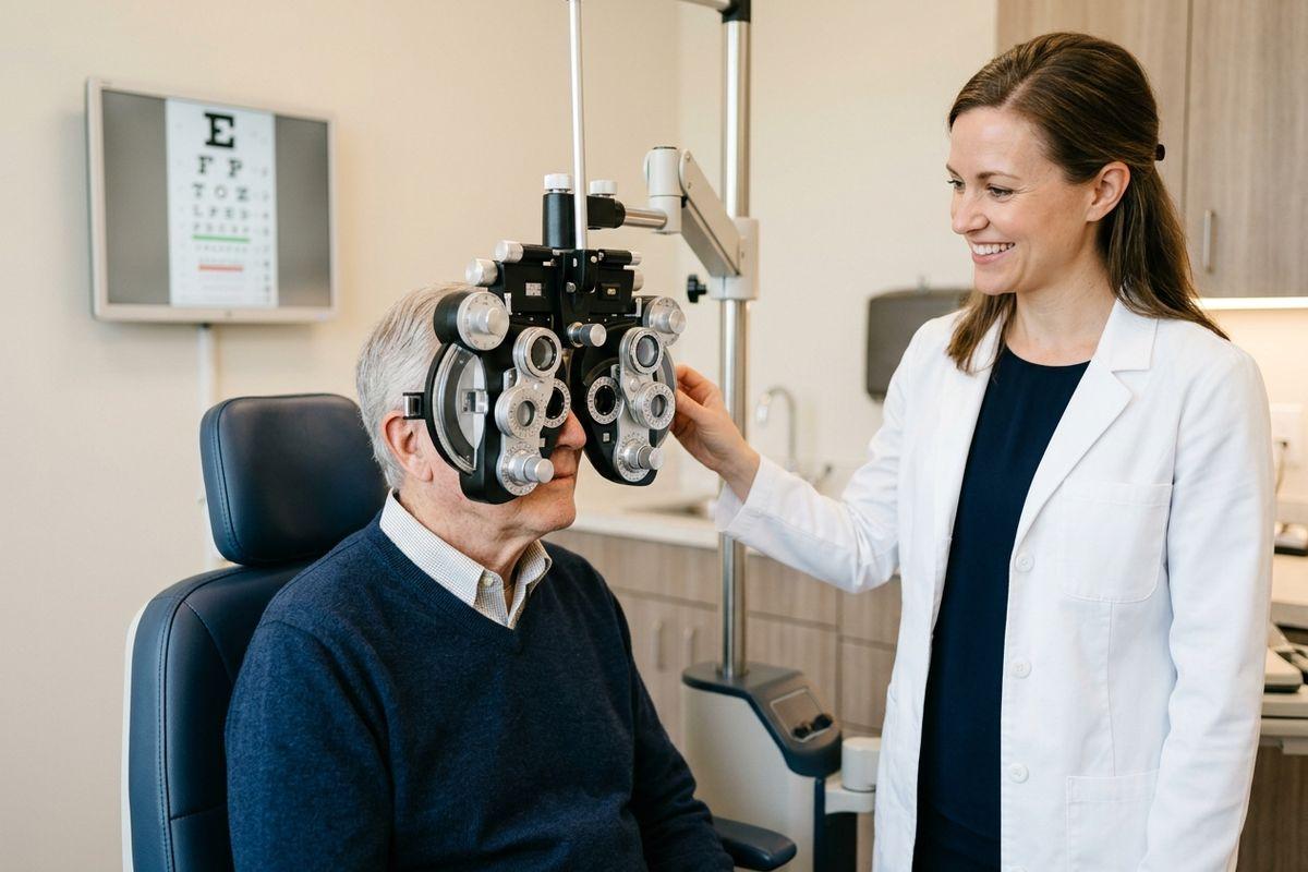 An optometrist adjusts a phoropter for an older patient during an eye exam, with an eye chart on the wall behind.