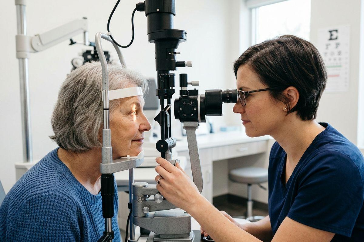 An optometrist examines an older adult's eyes using a slit lamp during an eye exam, with an eye chart on the wall in the background.