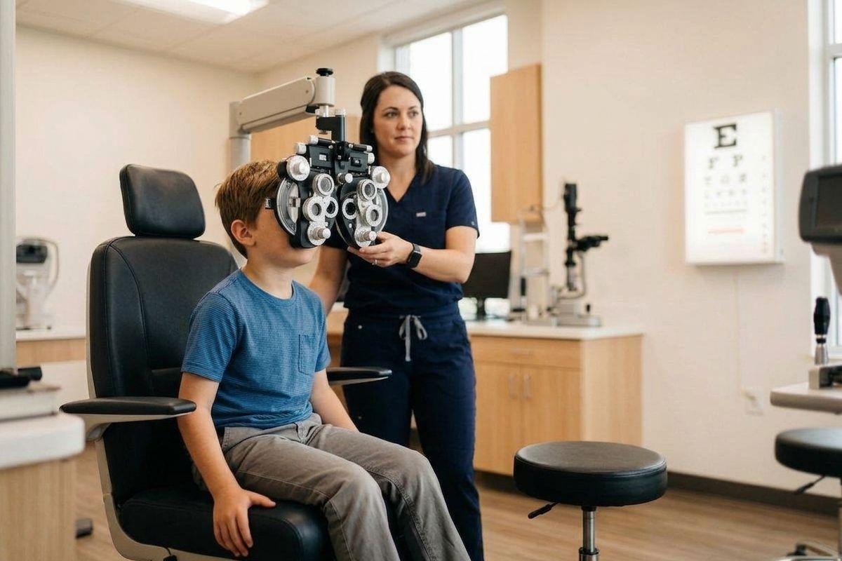 Optometrist positions a phoropter in front of a child seated in an exam chair during an eye test.