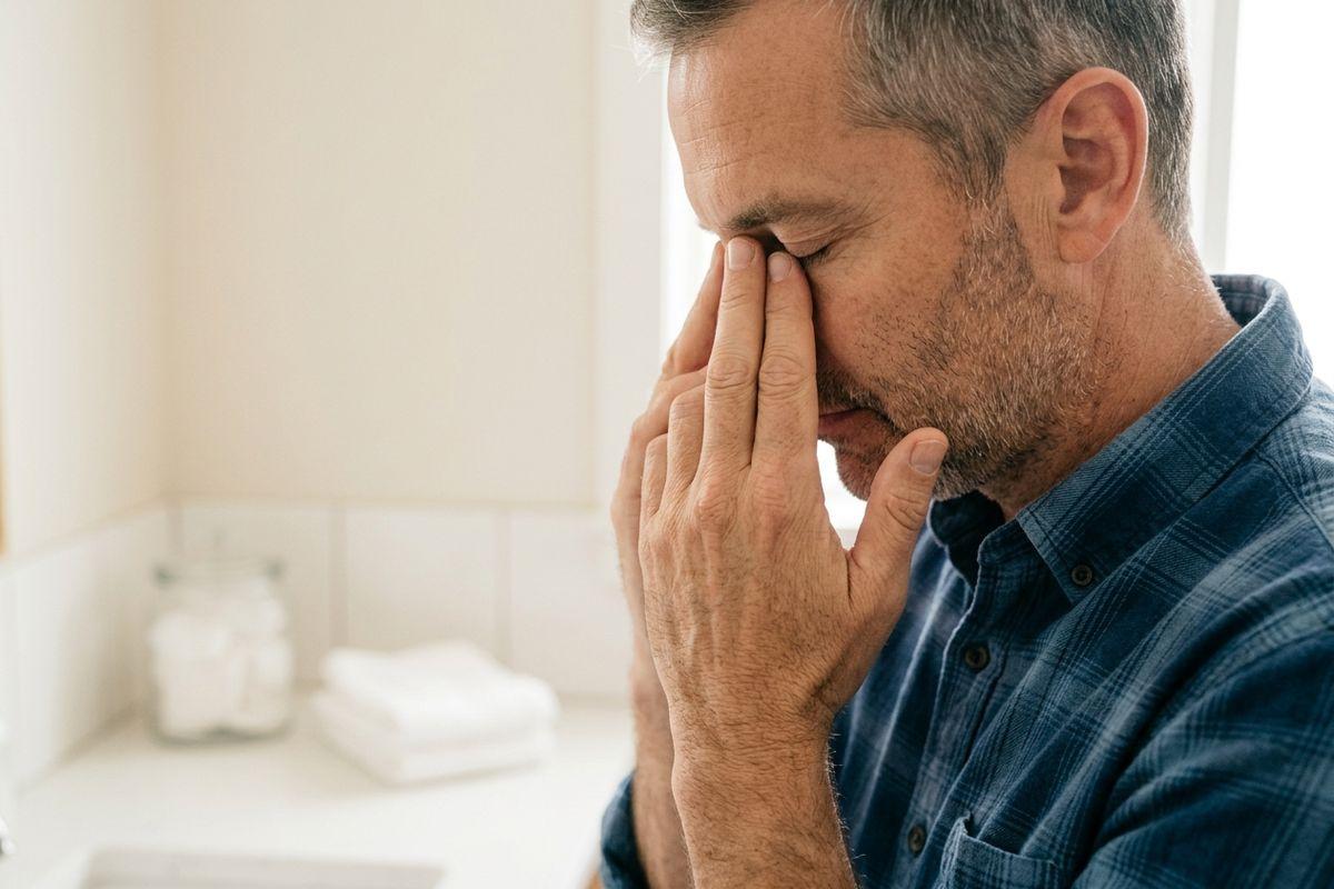 Adult with gray stubble pressing hands to closed eyes and nose, eyes shut, in a bright bathroom.