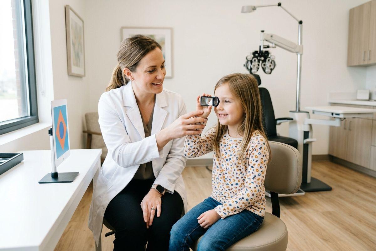 An optometrist holds a lens over an eye during a child's eye exam in Urbandale.