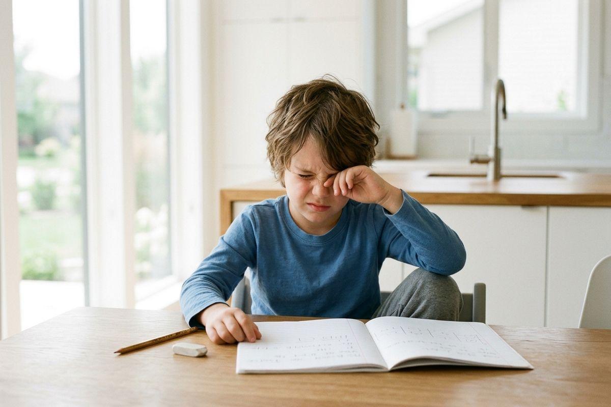 Child rubbing one eye while sitting at a kitchen table with an open notebook and pencil.