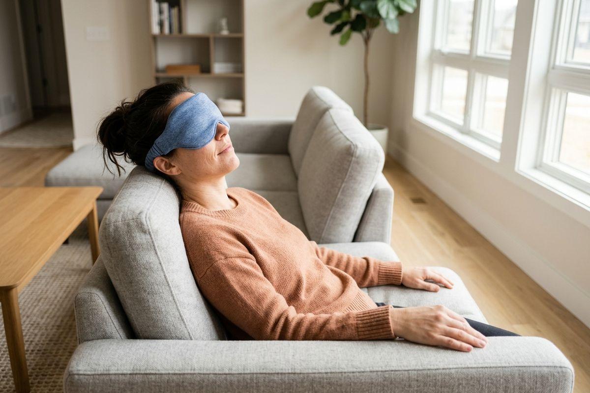 Person wearing a blue eye mask, resting on a gray sofa in a living room near a window.